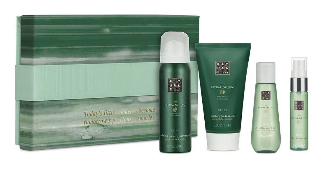 Rituals Wellness-Pflegeset The Rituals of Jing Geschenkset Klein Beauty Frauen Männer Beauty Set, angenehmer Duft, Dusche, Raumduft, Körperpflege, 4-tlg., Duschschaum, Körpercreme, Peeling, Geschenkbox, Damen & Herren Wellness Set, Pflege ideal als Geschenk für Mann & Frau von Rituals