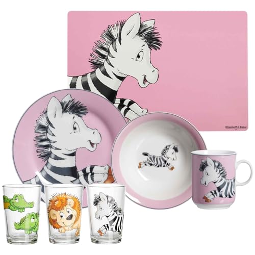 Ritzenhoff & Breker Kinder-Set Happy Zoo Zebra 7-teilig, Porzellan-Kindergeschirr mit Schale Becher Teller, Kindergläser 205 ml, Platzset 45 x 30 cm, Gedeckter Kindertisch mit Tier-Motiven von Ritzenhoff & Breker