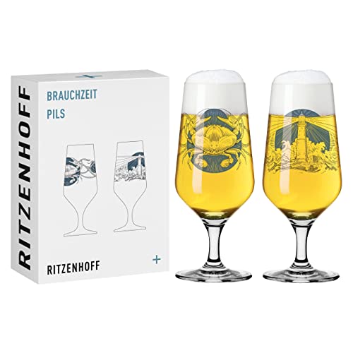 RITZENHOFF 3471004 Bierglas 300 ml – 2er Set – Serie Brauchzeit, Set Nr. 4 – Motiv Meer, Grau und Blau von RITZENHOFF