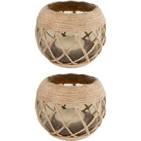 2 Stück Rivanto® Teelichthalter Jute aus Glas, Größe L Ø14 x H12 cm, Windlicht, Teelichthalter mit Juteschnur von Rivanto