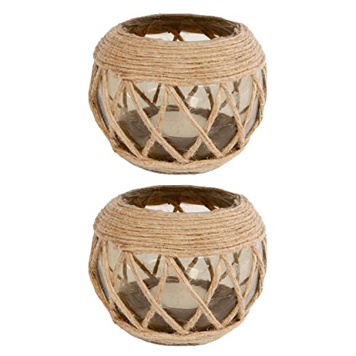 2 Stück Rivanto® Teelichthalter Jute aus Glas, Größe M Ø11 x H10 cm, Windlicht, Teelichthalter mit Juteschnur von Rivanto