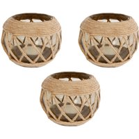 3 Stück Rivanto® Teelichthalter Jute aus Glas, Größe M Ø11 x H10 cm, Windlicht, Teelichthalter mit Juteschnur von Rivanto