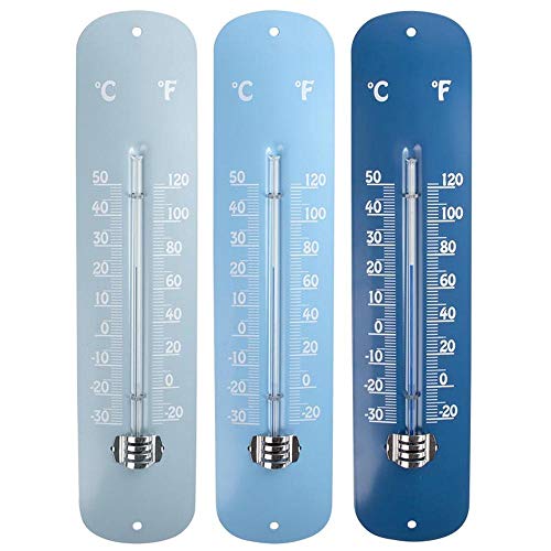 Rivanto® Blautöne Thermometer aus Zink, -30°C bis +50°C, farbig sortiert, Fahrenheit & Celsius, zur Wandmontage, für Garten, Terrasse, Balkon von Rivanto