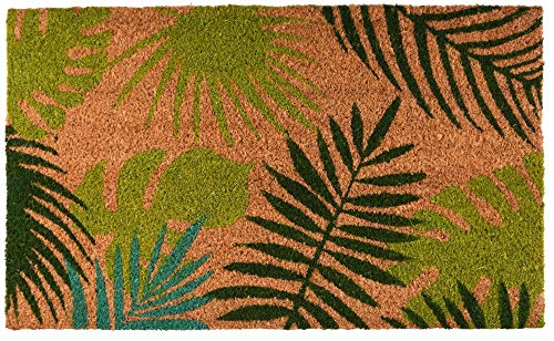 Rivanto® Kokosmatte aus Kokosfaser/Kunststoff, in Tropische Blätter Optik, 75 x 45 x 1,7 cm, Türvorleger, Fußabstreifer, braun von Rivanto