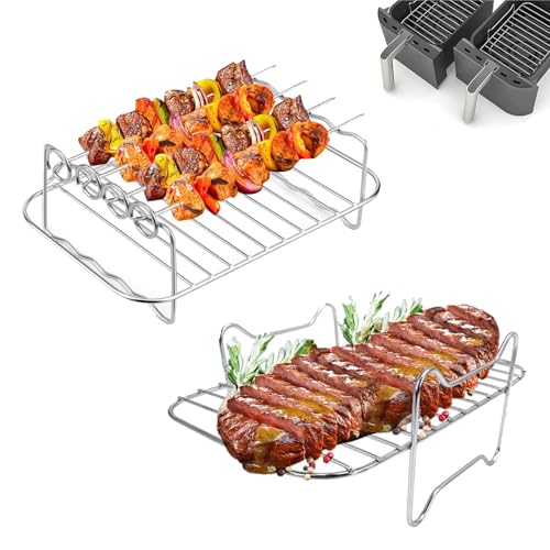 2 Stück Heißluftfritteuse Grillrost, Airfryer Zubehör, Luftfritteusenständer mit 4 Spießen, Edelstahl Dual Heißluftfritteuse Zubehör, Heißluftfritteuse Air Fryer und Grill für Hähnchen Gemüse Steak von Rkllejs