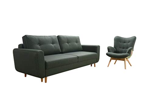 Robin Sydney Möbel-Set Sofa und Sessel Schlaffunktion Bettkasten Kissen Schlafsofa Freistehende Eckcouch Schlafcouch Wohnzimmermöbel-Set Wohnlandschaft Holzfüße Grün von Robin Inspire