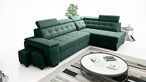 Robin Grand Ecksofa mit Schlaffunktion Bettkasten Kopfstützen Relaxfunktion 2 Hocker Sofa L-Form Schlafsofa Freistehende Eckcouch Schlafcouch Wohnzimmermöbel Wohnlandschaft Rechts Flaschengrün von Robin Inspire