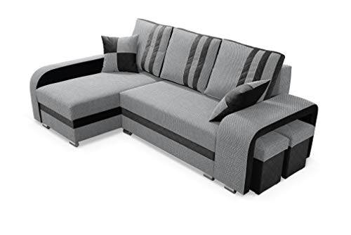 Robin York Ecksofa mit Schlaffunktion 2X Bettkasten 2X Kleine Kissen 2X Hocker Sofa L-Form Schlafsofa Freistehende Eckcouch Schlafcouch Wohnzimmermöbel Wohnlandschaft Schwarz Grau von Robin