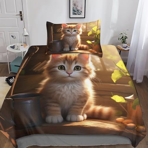 Rochile Niedliche Katze Bettwäsche Set Bettbezug Set Atmungsaktive Mikrofaser Bettwäsche Für Schlafzimmer, Weiche Bequemer Single（135x200cm） von Rochile