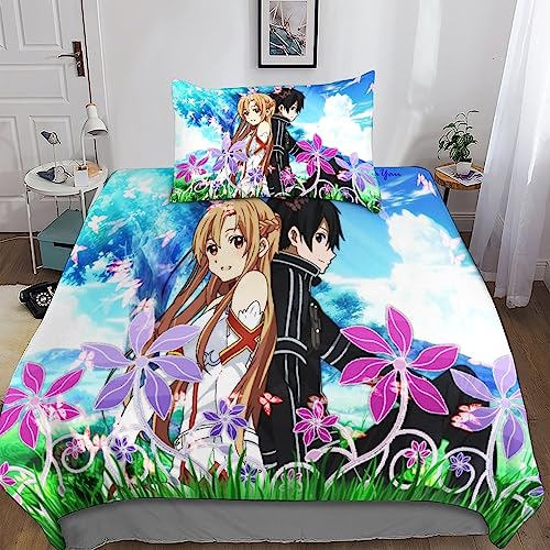 Sword Art Online Bettwäsche Set Bettbezug Set Für Kinder Jungen Mädchen Weich Atmungsaktiv Microfaser Betten Set Mit Reißverschluss Und Kissenbezug 2 Teilig Sets Single（135x200cm） von Rochile