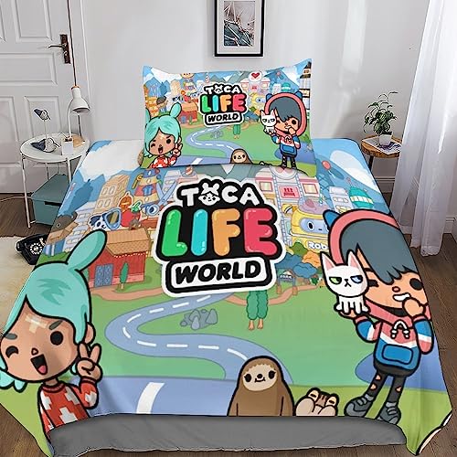 Toca Boca World Kinder Bettbezug Set Startseite Satz, Bettwäsche Satz Moderne Bettbezug Für Jugendliche Jugend Mädchen Jungen, Startseite Schlafzimmer Dekor Single（135x200cm） von Rochile