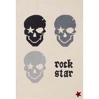 Rock STAR Baby Kinderteppich "RN2383-2", rechteckig, handgearbeiteter Konturenschnitt, 80% Wollanteil, Motiv Totenkopf von Rock Star Baby
