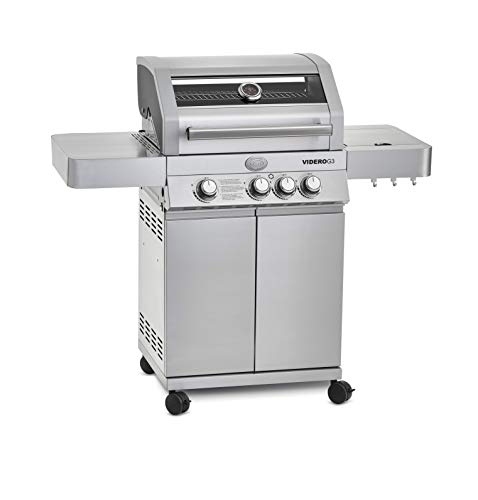 RÖSLE Gasgrill BBQ-Station VIDERO G3 Edelstahl, Grill mit 3 Haupt- und 1 Seitenbrenner, Deckel mit Glaseinsatz & Thermometer, beleuchtete Drehknöpfe, Edelstahl 18/0 von RÖSLE