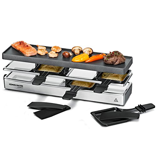 ROMMELSBACHER RC 800 Raclette-Grill fun for 4 (Tischgrill, für 4 Personen, erweiterbar, Parkdeck, Alu-Druckguss-Grillplatte mit Xylan Plus Antihaftbeschichtung, 730 W) silber von Rommelsbacher