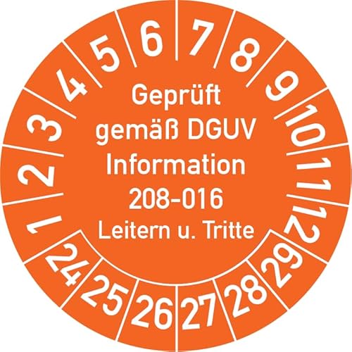 Geprüft gemäß DGUV Information 208-016 Prüfplakette, 100 Stück, in verschiedenen Farben und Größen, Prüfetikett Prüfsiegel Plakette Leitern und Tritte (ehemals BGV D 36) (20 mm Ø, Orange) von Rosenbaum Offsetdruck