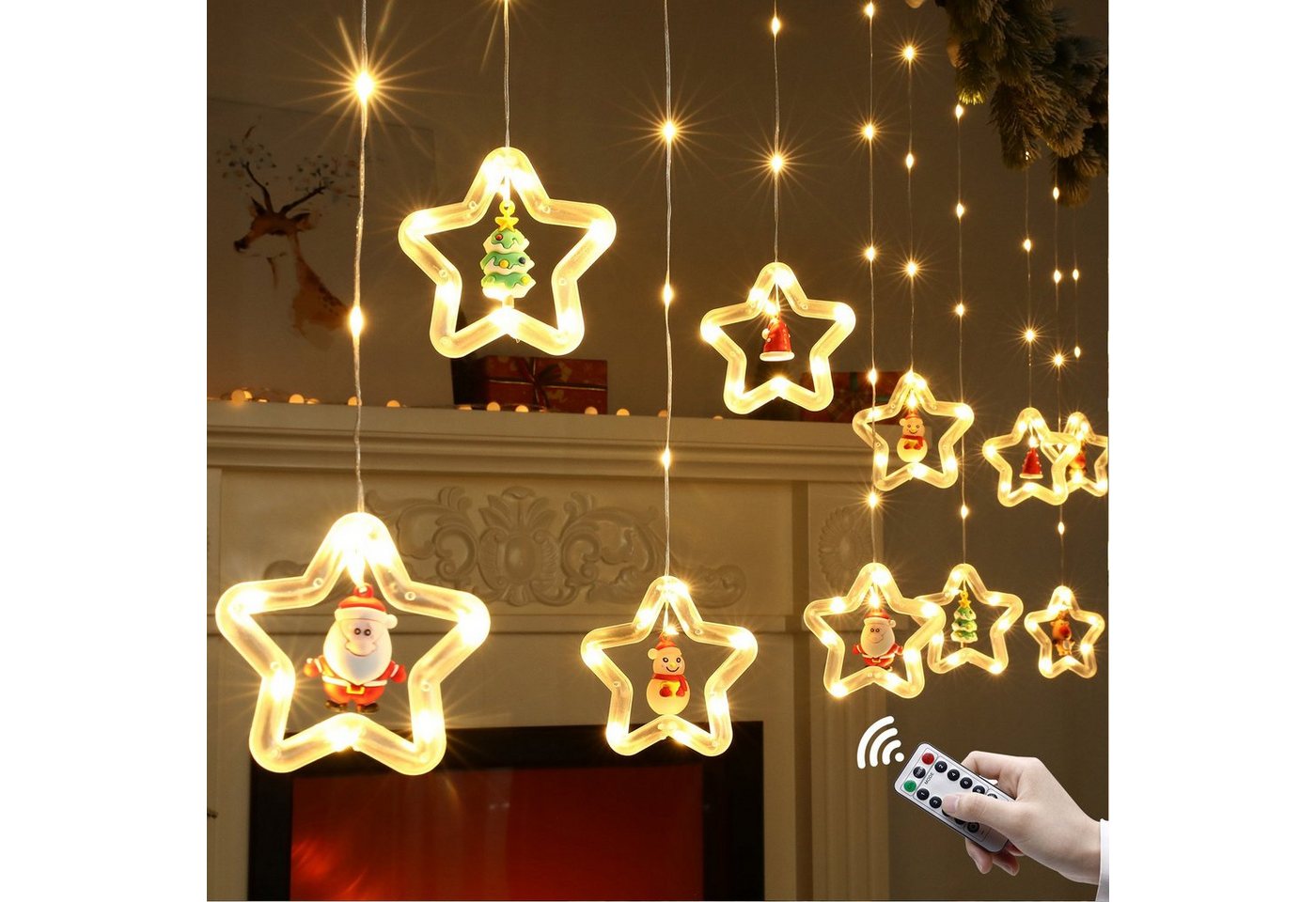 Rosnek LED-Lichtervorhang 3M, Weihnachtsornamente, für Schlafzimmer Fenster Deko, Weihnachtsmann Weihnachtsbaum Rentier von Rosnek