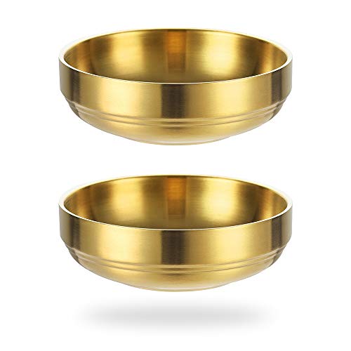 2 große doppelstöckige Edelstahl-Soßenschalen, runde Gewürztablett, Soßenteller, Sushi-Dip-Schalen, Vorspeisen-Tablett, Gewürzschale für Restaurant, Zuhause (12 cm, Gold) von Roucerlin