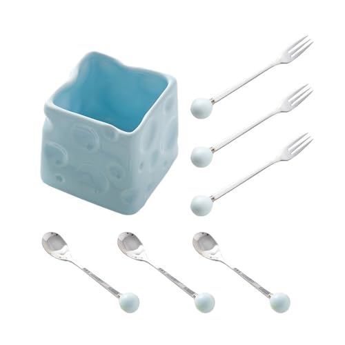 Keramik Obst Gabel Kaffee Löffel Set Kreative Käse Lagerung Jar Ball Perle Dessert Obst Gabel Löffel (Himmelblau,6 Stück + Glas) von Royal Shang Youpin