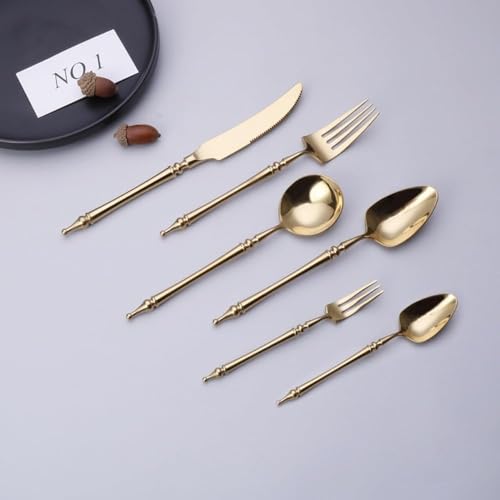 Leichter Luxus, Legendärer Römischer Säulengriff, Küche, Edelstahl, Besteck, Geschirr, Besteck, Besteck-Set, Steakmesser, Gabel, Löffel, Teelöffel (Gold,24 Stück) von Royal Shang Youpin