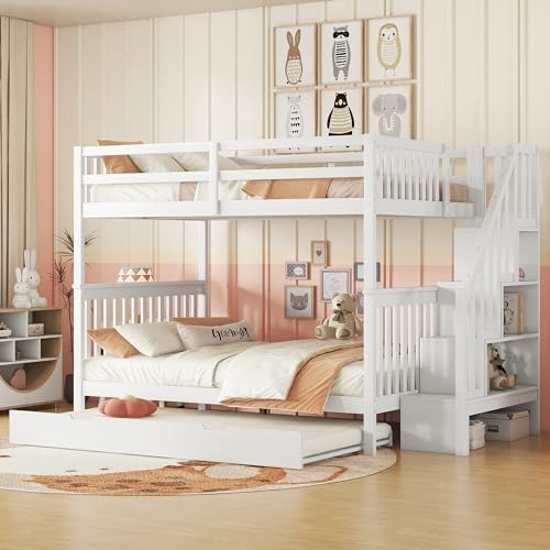 Rtopsu Etagenbett Kinderbett 140x200 cm für 2-5 Kinder, Hochbett mit Treppe und Ausziehbares Rollbett, Bett mit Rausfallschutz und Stauraum Lagerregal, Holzbett mit Lattenrost, Weiß, Ohne Matratze von Rtopsu