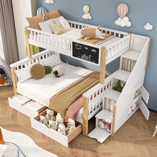 Rtopsu Etagenbett Kinderbett 90x200 & 140x200 cm für 2-3 Kinder, Hochbett mit Treppe und 2 Stauraum Schubladen, Bett mit Rausfallschutz, Hausbett mit Lattenrost, Weiß & Natür, Ohne Matratze von Rtopsu