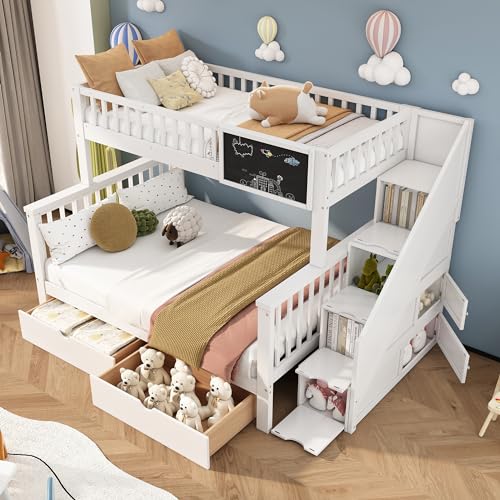 Rtopsu Etagenbett Kinderbett 90x200 & 140x200 cm für 2-3 Kinder, Hochbett mit Treppe und 2 Stauraum Schubladen, Bett mit Rausfallschutz und Lagerregal, Hausbett mit Lattenrost, Weiß, Ohne Matratze von Rtopsu