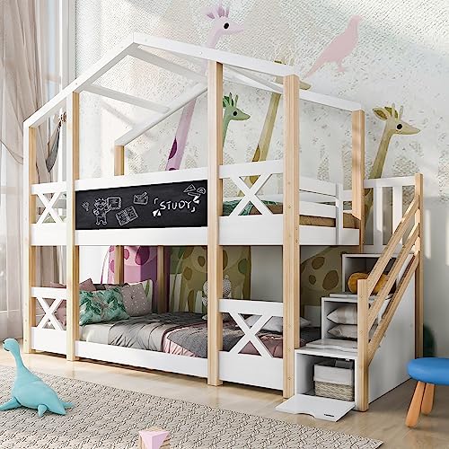 Rtopsu Kinderbett Etagenbett 90x200 cm, Hochbett Baumhausbett mit Treppe und Stauraum Schublade für 2 Kinder, Bett mit Rausfallschutz und Tafeln, Hausbett mit Lattenrost, Natur & Weiß, Ohne Matratze von Rtopsu