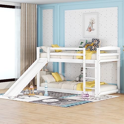 Rtopsu Kinderbett Etagenbett 90x200 cm, Hochbett mit Treppe und Rutsche für 1-2 Kinder, Bett Bettgestell mit Rausfallschutz und Lattenrost aus Holz, Weiß, Ohne Matratze von Rtopsu