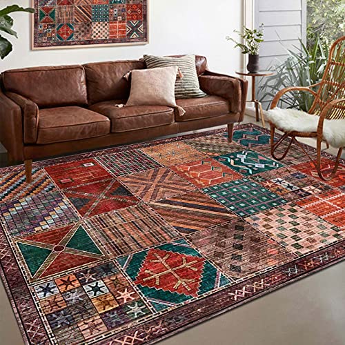 Rug-QJDDUP Teppich Wohnzimmer 140 x 200 cm Bunte Muster Braun Rot Grün Orange Gelb,Waschbarer Teppiche Vintage Design Esszimmer, Schlafzimmer, Arbeitszimmer, Outdoor Balkon, von Rug-QJDDUP