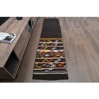 70x250 Kilim Brauner Läufer, Braun Gelb Weiß, Kelim Flachgewebe Teppich, Flachgewebe, Weiß von RugNature