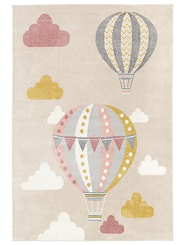 RugVista, Balloon Ride, Kinderzimmer Teppich, 160 x 230 cm, Kinderteppich für Kinder, Spielteppich für Babys, Modernes Design, Kurzflor, Keine schädlichen Stoffe, Beige/Rosa von RugVista