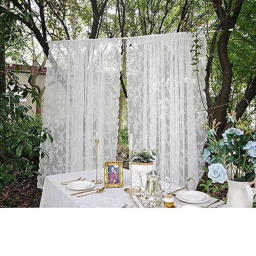 Gardinen Weiße Spitze Vorhang Blumen Bestickte Spitzengardinen, 2erTransparent Vorhang Spitze Voile Spitzenvorhänge mit Gardinengurte für Wohnzimmer Schlafzimmer Dekor (2stk B150 x H200 cm) von RunFar shop