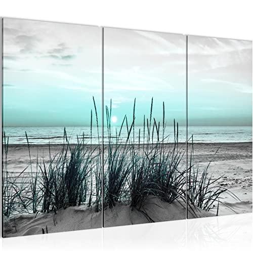 Runa Art Wandbilder Strand Sonnenuntergang Bild XXL Wohnzimmer Türkis Grau Meer Natur 120 x 80 cm 3 Teilig 043731c von Runa Art