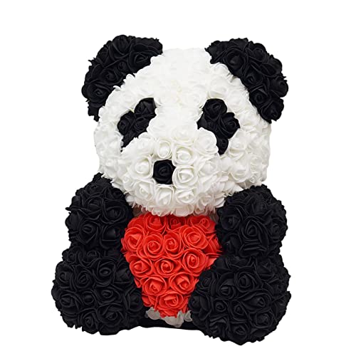 Rosenbä_r, 25 cm großer künstlicher Rosenblüten Panda mit Schleife/Herz Dekor, Geschenke für Valentinstag, Jubiläen, Geburtstage, Hochzeiten von Rurunklee