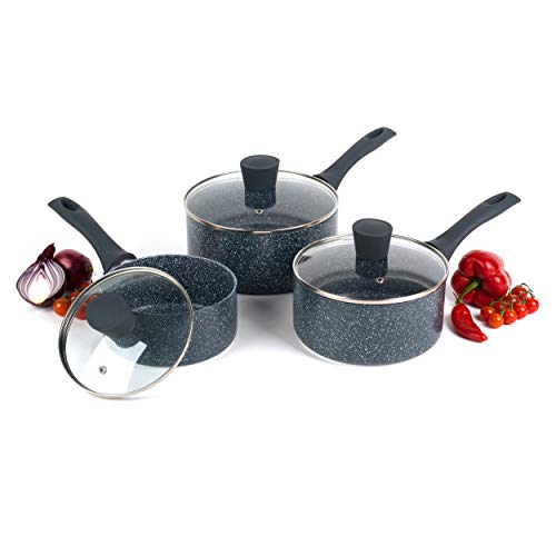 Russell Hobbs COMBO-4838A Nightfall Stone Antihaftbeschichtete Kochgeschirr mit Deckel aus Hartglas, 3-teiliges Kochgeschirr-Set, 16 /18/20 cm, Induktionswannen, geeignet für alle Herdtypen, Aluminium von Russell Hobbs