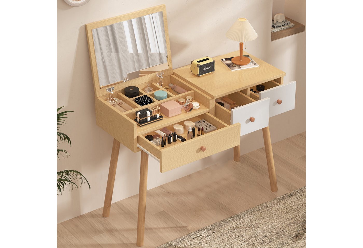 Rutaqian Schminktisch Kosmetiktisch Mit Spiegel aus Holz Mit 3 Schubladen,Geteilter Stauraum (Kommode für Schlafzimmer,B100/H78/T40 cm(ohne Hocker) von Rutaqian