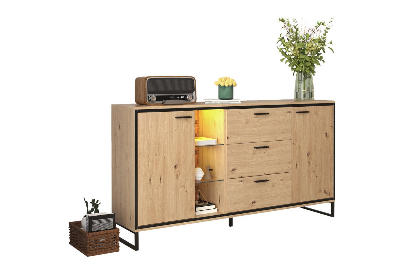 Rutaqian Sideboard Holzfarbe-Sideboard, Sideboard mit drei Schubladen, mit zwei Türen (Mit 15 farbwechselnden LED-Lichtstreifen, Multifunktionaler Lagerschrank für Schlafzimmer und Wohnzimmer), Schubladenkommode für Flur Schlafzimmer Wohnzimmer , 160x40x85cm von Rutaqian