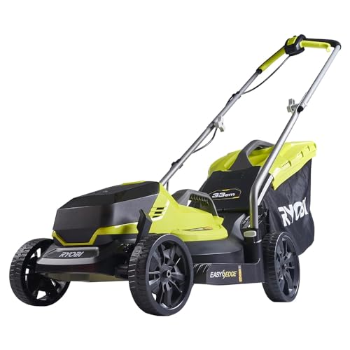 RYOBI 18 V ONE+ Akku-Rasenmäher OLM1833B (Schnittbreite 33 cm, 5-fache Höhenverstellung 25-65 mm, zusammenklappbares Griffgestänge, inkl. Mulchkeil, 35l Grasfangsack, ohne Akku & Ladegerät im Karton) von Ryobi