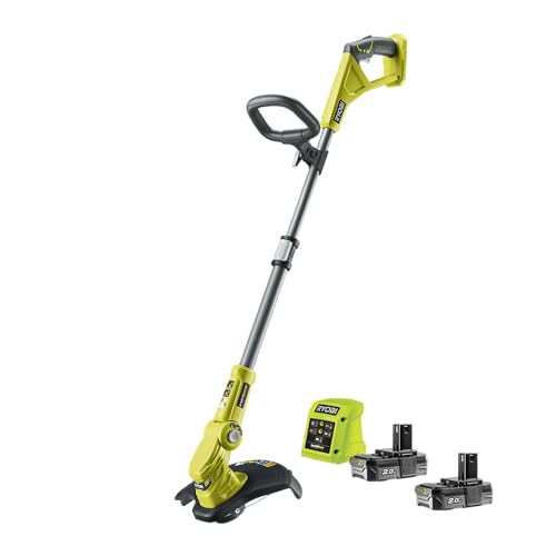 RYOBI 18 V ONE+ Akku-Rasentrimmer RLT183222S (Schnittbreite 25-30 cm, 3-fache Schnittwinkelverstellung, Schneidfaden 1,6mm, inkl. 2x 2,0Ah Akku und Ladegerät) von Ryobi