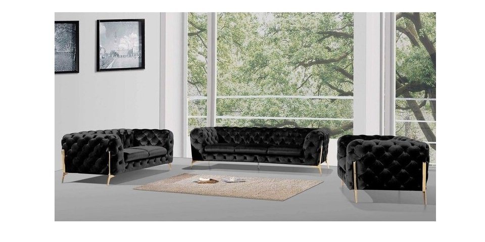 S-Style Möbel Polstergarnitur Chesterfield Ashley Polstergarnitur 3+2+1 mit Goldene Metall Füßen, (1x 3-Sitzer-Sofa, 1x 2-Sitzer-Sofa, 1x Sessel), mit Wellenfederung von S-Style Möbel