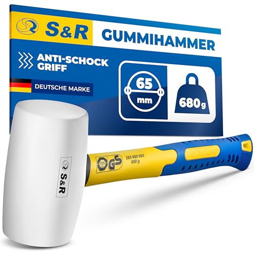 S&R Gummihammer weiß 65 mm, 680 Gr, mit rutschfestem stoßdämpfendem Fiberglasstiel, keine Spuren bei Möbel, Fliesen, Fensterrahmen von S&R