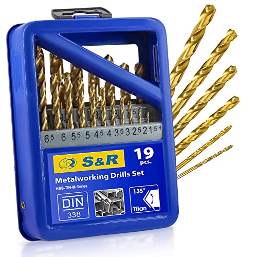 S&R Metallbohrer Set 19 Stk 1,0-10 mm in Industrie-Qualität, HSS-G TITANIUM Stahlbohrer, extra hohe Standzeit, DIN 338, 135° Spitzenwinkel, geschliffen, TiN Spiralbohrer Satz von S&R