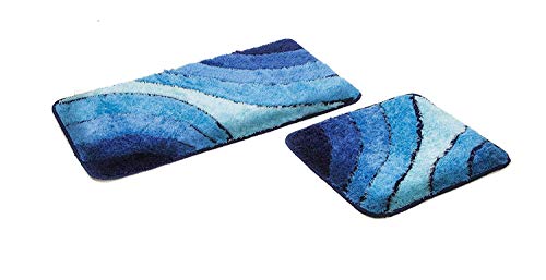 S&S-Shop Badematte Set | Blau | Wave | 2 teilig | rutschfest | WC-Vorleger 50 x 45 cm | Badvorleger 50 x 90 cm | Badteppich | Teppich | Bad | Badezimmer von S&S-Shop