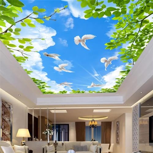 SABORR Selbstklebende PVC-Deckentapete 3D-Wandbild grüne Blätter blauer Himmel weiße Wolken Sonnenschein Taube Wohnzimmer Schlafzimmer Dach Hintergrund Wand dekorative Aufkleber von SABORR