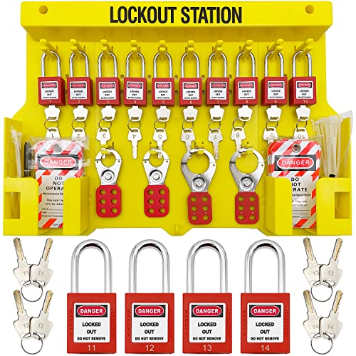 Lockout Tagout Station, Loto-Kits, inklusive 14 verschiedene Vorhängeschlösser mit Zahlen, 4 Lockout-Haspen, 40 Lockout-Tags, 20 Nylon-Kabel (große Schlossstation) von SAFBY