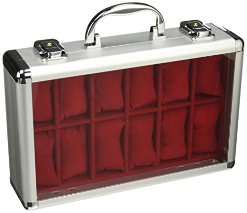SAFE 265-1 ALU Uhrenaufbewahrungsbox Herren für 12 Uhren-Schmuckhalter in rotem Samt - abschließbare Uhren Box mit Glasdeckel und abnehmbaren Uhrenkissen von SAFE