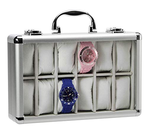 SAFE 265-2 ALU Uhrenaufbewahrungsbox Herren mit 12 Uhren-Schmuckhalter in Klassik grauem Samt - abschließbare Uhren Box mit Glasdeckel und abnehmbaren Uhrenkissen von SAFE