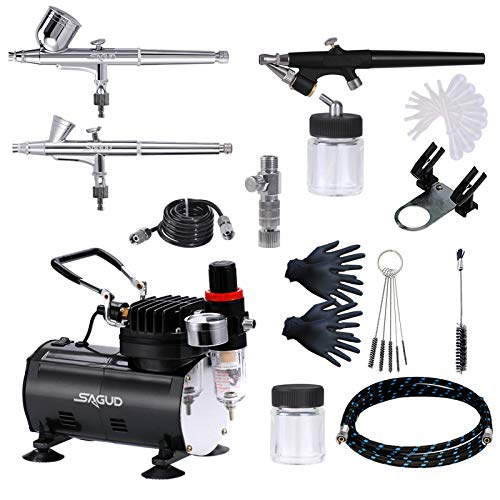 SAGUD Airbrush-Set mit Kompressor, inklusive 3 Luftbürsten 0,2 mm, 0,3 mm, 0,8 mm und Airbrush-Zubehör-Reinigungsset von Sagud