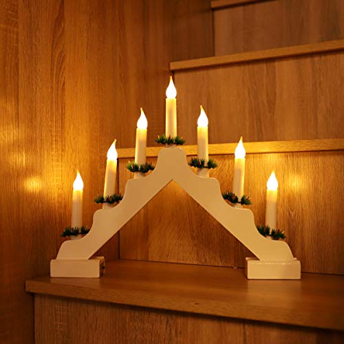 SALCAR Lichterbogen Weihnachten LED mit 7 Kerzen in Warmweiß, Adventsleuchter Kerzenbogen Batterie aus Holz, Schwibbogen Weihnachtsdekoration Deko Innen, Weiß von SALCAR