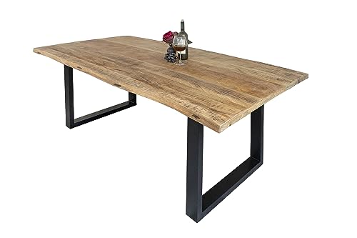 SAM Esstisch Derek 300 x 100 cm, Mangoholz massiv, lackiert & naturfarben, Baumkantentisch mit U-Metallgestell in Mattschwarz, echte Baumkante, 26 mm von SAM